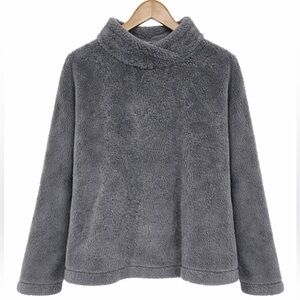 Cozy Gray Plush Fleece Pullover Sweater Soft Lounge Loungewear Top Large